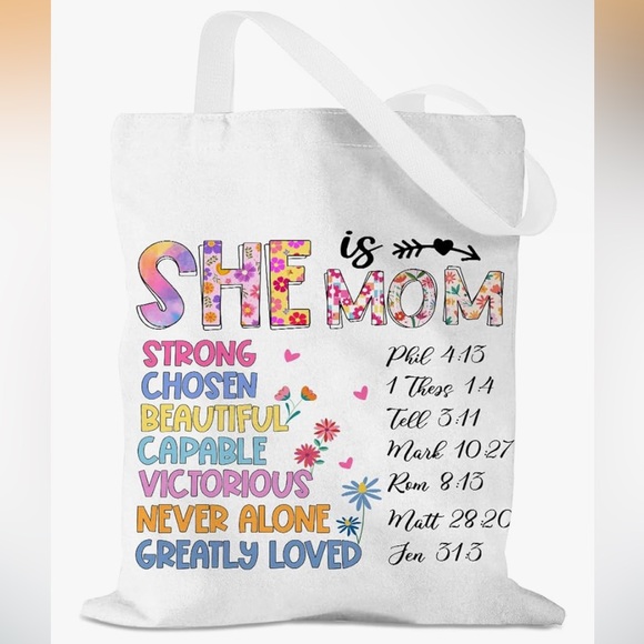 Handbags - “She is Mom” Cotton Canvas Tote – Inspirational, for Mom/Grandma – 13.8” x 16”